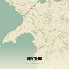 Retro UK map of Gwynedd. Vintage street map.