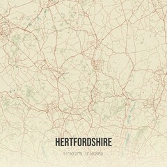 Retro UK map of Hertfordshire. Vintage street map.