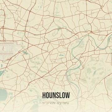 Retro UK map of Hounslow. Vintage street map.