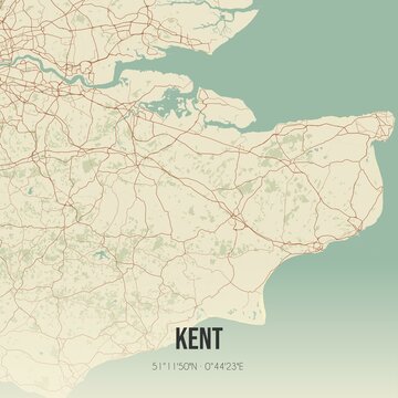 Retro UK map of Kent. Vintage street map.