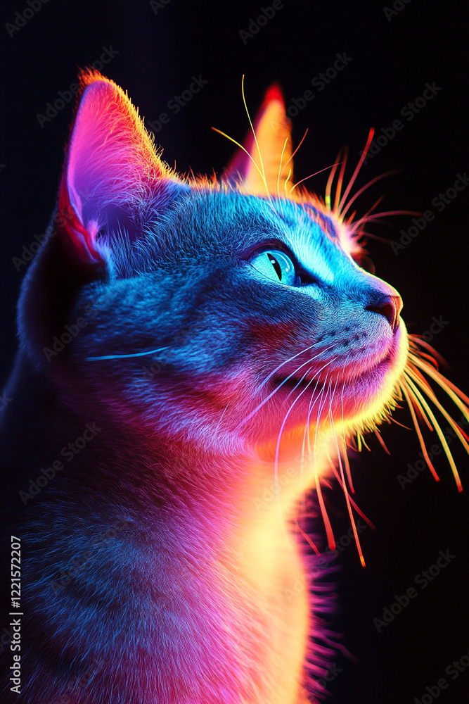 Poster Close-up profile of a cat illuminated with neon colors, creating a vibrant and artistic effect.