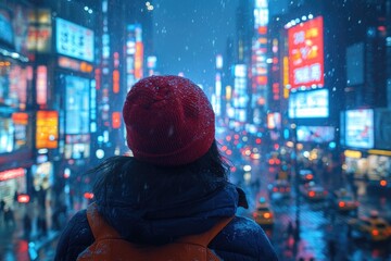 Obraz premium A person standing under an umbrella in the rain in a city street, with cars and buildings around