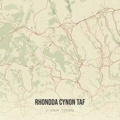 Retro UK map of Rhondda Cynon Taf. Vintage street map.