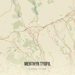 Retro UK map of Merthyr Tydfil. Vintage street map.