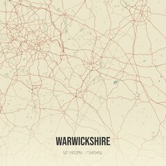 Retro UK map of Warwickshire. Vintage street map.
