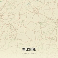 Retro UK map of Wiltshire. Vintage street map.