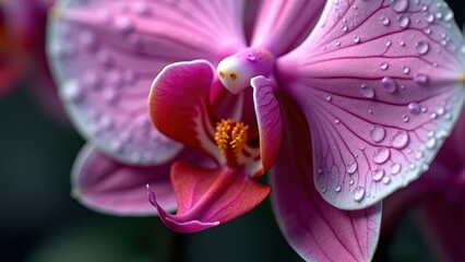 Fototapeta premium Macro photography of a pink orchid with dew drops on petals 