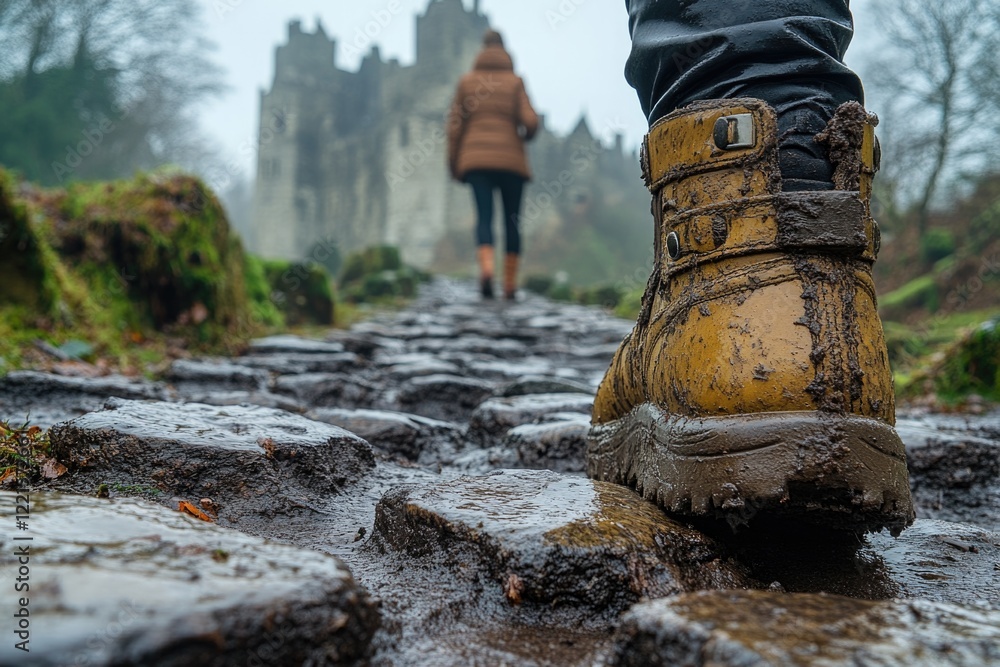 Poster a person stands on a muddy path with a medieval-style castle in the background