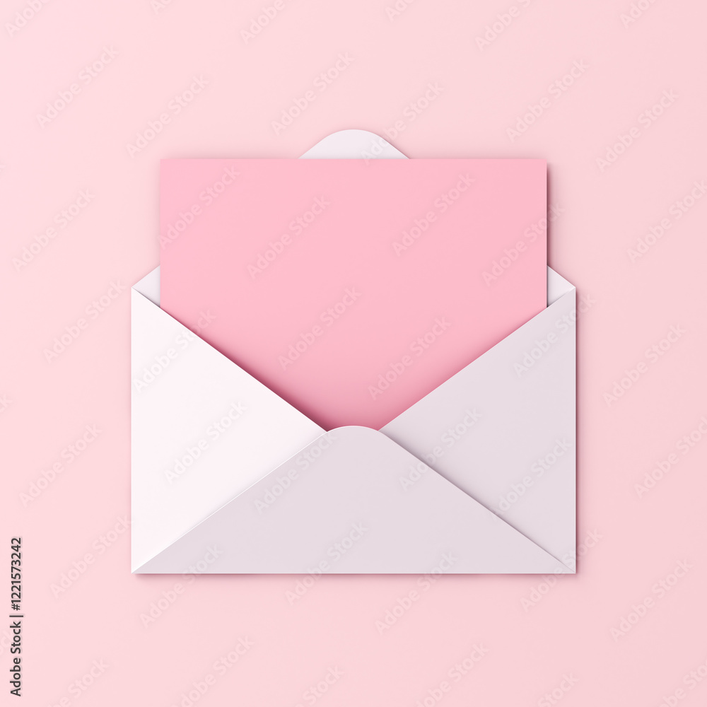 Poster blank pink paper card in white envelope isolated on pink pastel color background with shadow love le