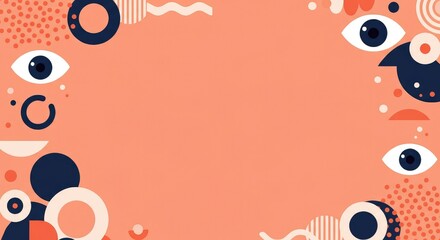 Fototapeta premium Abstract design with eyes and geometric patterns on peach background