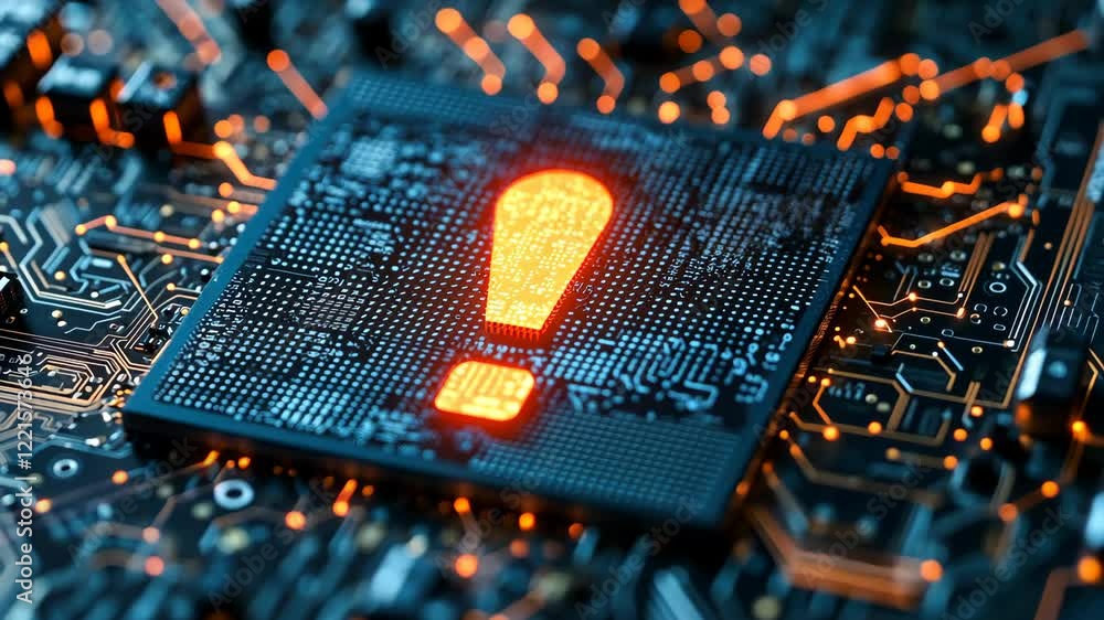 Poster circuit board with glowing exclamation mark indicating alert or warning within technology environmen