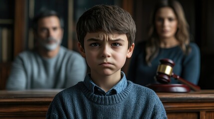 Obraz premium Sad boy sitting at a table in the background of his parents.