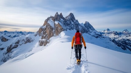 Adventurer Hikes Through Snowy Mountain Terrain with Majestic Peaks Under Clear Blue Sky