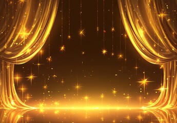 A golden curtain with shining stars, illuminated by dynamic lighting effects, set against a stage-like background