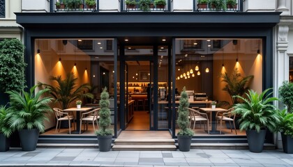 Fototapeta premium Stylish coffee shop storefront with large glass windows. Minimalist interior design with wooden tables, chairs. Outdoor seating area. Plants add touch of green plants. Relaxed atmosphere visible