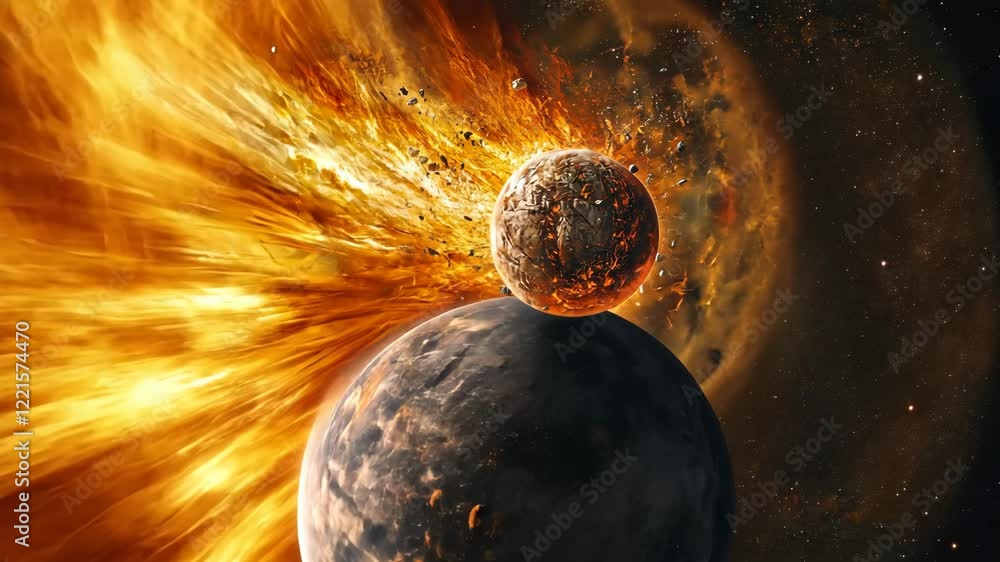 Poster celestial event depicting a fiery explosion near a planet with a moon orbiting in the background dur