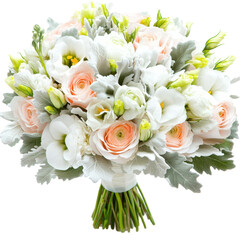 Delicate Blush and White Bouquet: A stunning bridal bouquet featuring a harmonious blend of creamy white and delicate peach roses, lisianthus, and lisianthus, accented with lush greenery.