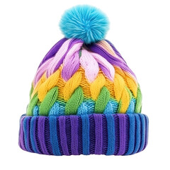 Rainbow Knit Beanie:  A colorful and stylish knit beanie hat with a fluffy pom pom, featuring a rainbow pattern of stripes and braids.