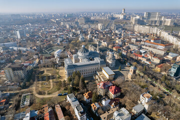 Aerial drone view over Bucharest downtown cityscape, Romania.