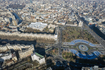 Aerial drone view over Bucharest downtown cityscape, Romania.