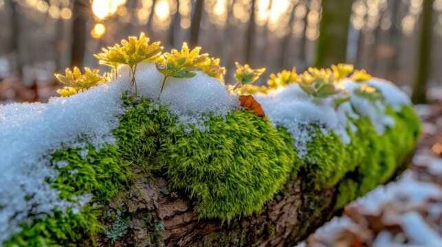 Snow-covered moss, plants emerging, forest sunset, winter nature scene, website background