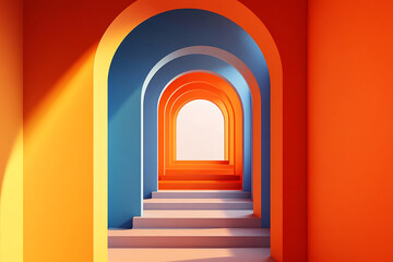 Fototapeta premium Colorful abstract interior with orange and blue arches and steps.