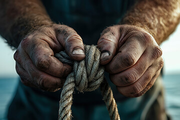 Close-up of weathered hands tightly gripping a thick rope, showcasing strength, resilience, and the essence of hard work. A powerful image representing manual labor and dedication.