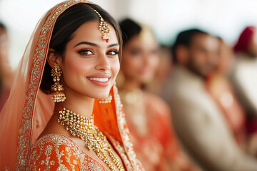 Stunning Indian Bride in Traditional Orange Wedding Attire, Exquisite Jewelry, and Captivating Smile