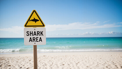 Bold shark safety sign on a wooden post with beach and ocean background under bright light