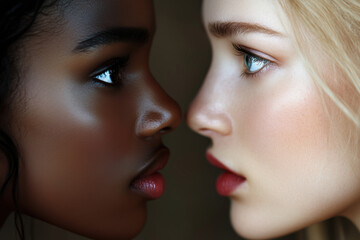 Close profiles of a black woman and a blonde woman showcasing natural beauty, contrast, and connection