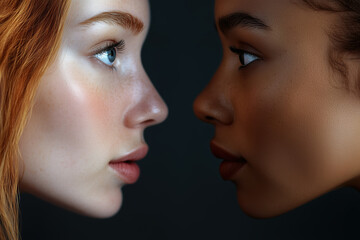 Profile of two women with contrasting skin tones, one redhead and one tan, in an intimate pose