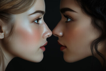 Close-up profiles of two women with diverse skin tones and hair color looking at each other