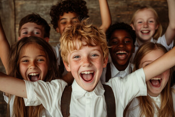 Fototapeta premium Diverse Group of Happy Children Smiling, Celebrating Friendship and Joyful Moments Together
