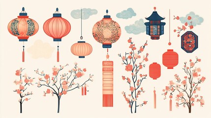 Asian lanterns, blossoms, and pagoda illustration.