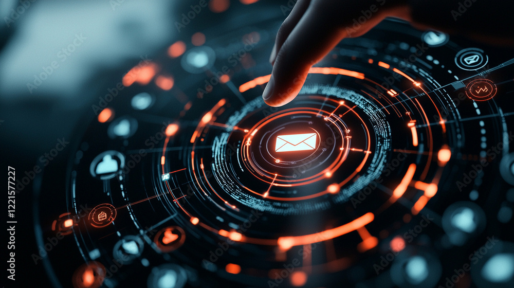 Poster futuristic message interface hand interacting with glowing orange and blue circular display