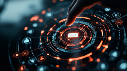 Futuristic Message Interface Hand Interacting with Glowing Orange and Blue Circular Display