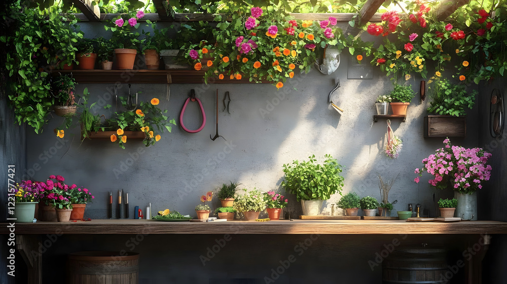 Poster table with various pots and plants arranged on it in a bright indoor setting