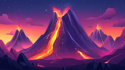 Volcano eruption with flowing lava. Lava Peaks. Illustration