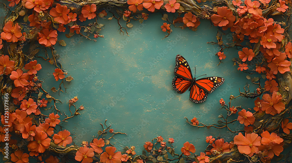 Poster butterfly resting on a vibrant flowered frame in a natural setting with soft lighting