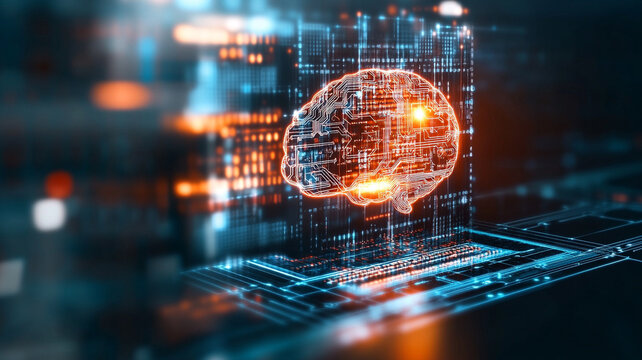 Abstract digital brain concept glowing with circuits and binary code on a technological background. Illustrates artificial intelligence, neural networks, and data processing.