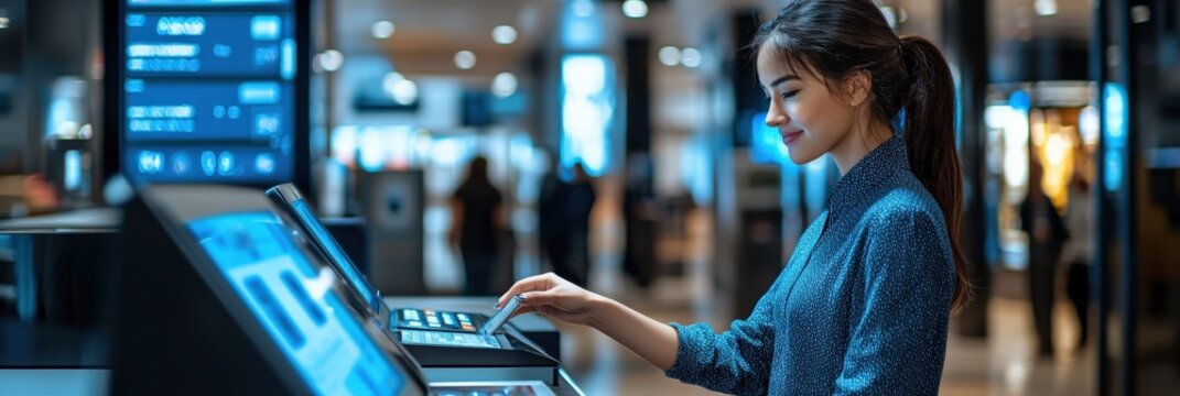 A modern bank teller assisting customers at a sleek counter, with digital currency options visible on a screen