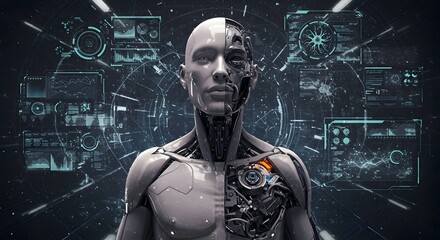 featuring a human figure partially merged with advanced technology. The figure has cybernetic enhancements, glowing circuits integrated into their body, and a sleek, metallic appearance.