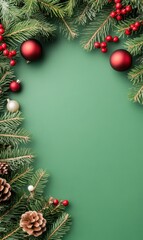 Festive Christmas Decorations with Green Background, Ornaments, Pine Cones, and Holly Berries for Holiday Pictures