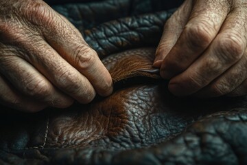 Fototapeta premium Close-up of weathered hands carefully inspecting and working with rich brown leather.