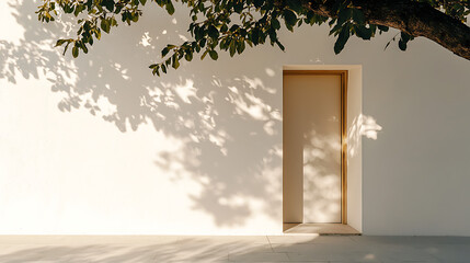 Sunlight casts dappled shadows on a white wall and door.