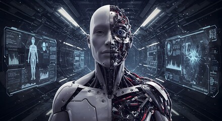 featuring a human figure partially merged with advanced technology. The figure has cybernetic enhancements, glowing circuits integrated into their body, and a sleek, metallic appearance.