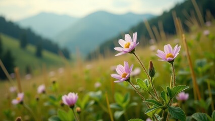Fototapeta premium Wildflowers blooming in a mountain valley under sunlight 