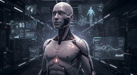 featuring a human figure partially merged with advanced technology. The figure has cybernetic enhancements, glowing circuits integrated into their body, and a sleek, metallic appearance.