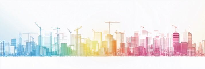 Fototapeta premium Vibrant minimalistic city skyline with cranes symbolizing growth and innovation at dawn