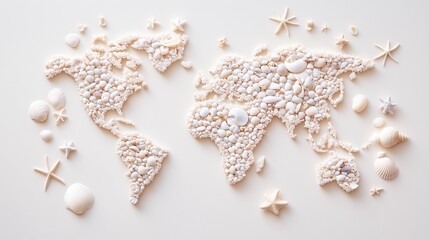 World map creatively crafted from seashells and starfish showcases nature's beauty and artistic expression